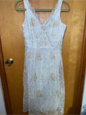 Coldwater Creek Sleeveless White Dress with Gold Floral Embroidery NWT